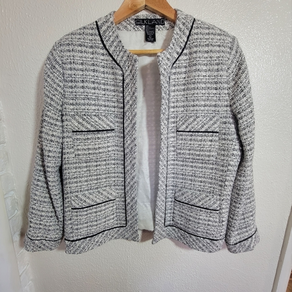 90s Silkland Silk 4-Pocket Tweed Jacket sz L Black Ivory Chic Designer Luxury